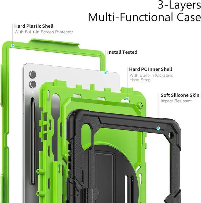 Alt view image 3 of 7 - Heavy Duty Shockproof Protective Case with Screen Protector, 360° Rotating Stand, Hand & Shoulder Strap for Samsung Galaxy Tab S10 Ultra 14.6'' / S9 Ultra / S8 Ultra, GreenPC