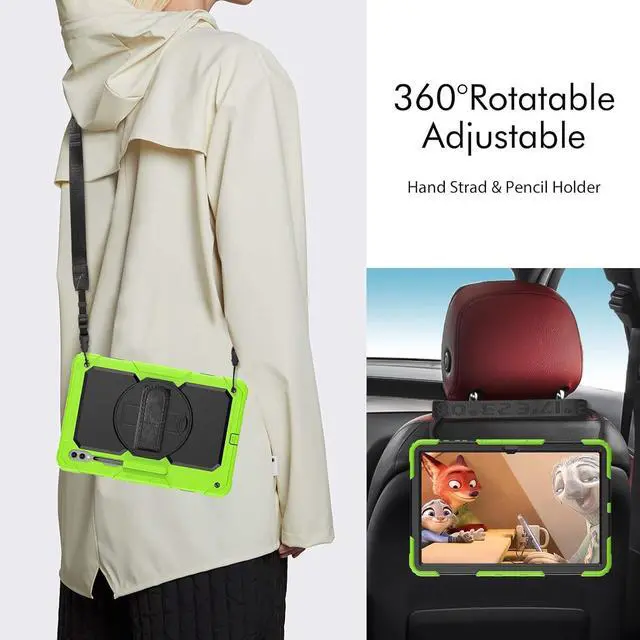 Alt view image 3 of 7 - Heavy Duty Shockproof Protective Case with Screen Protector, 360° Rotating Stand, Hand & Shoulder Strap for Samsung Galaxy Tab S10 Ultra 14.6'' / S9 Ultra / S8 Ultra, Green
