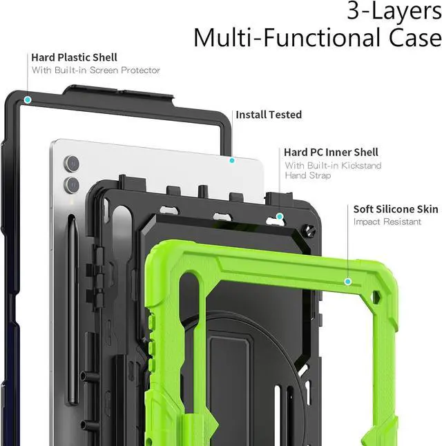 Alt view image 6 of 7 - Heavy Duty Shockproof Protective Case with Screen Protector, 360° Rotating Stand, Hand & Shoulder Strap for Samsung Galaxy Tab S10 Ultra 14.6'' / S9 Ultra / S8 Ultra, Green