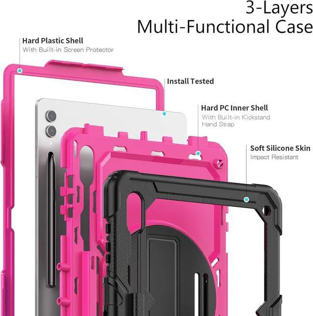 Alt view image 7 of 7 - Heavy Duty Shockproof Protective Case with Screen Protector, 360° Rotating Stand, Hand & Shoulder Strap for Samsung Galaxy Tab S10 Ultra 14.6'' / S9 Ultra / S8 Ultra, RosePC