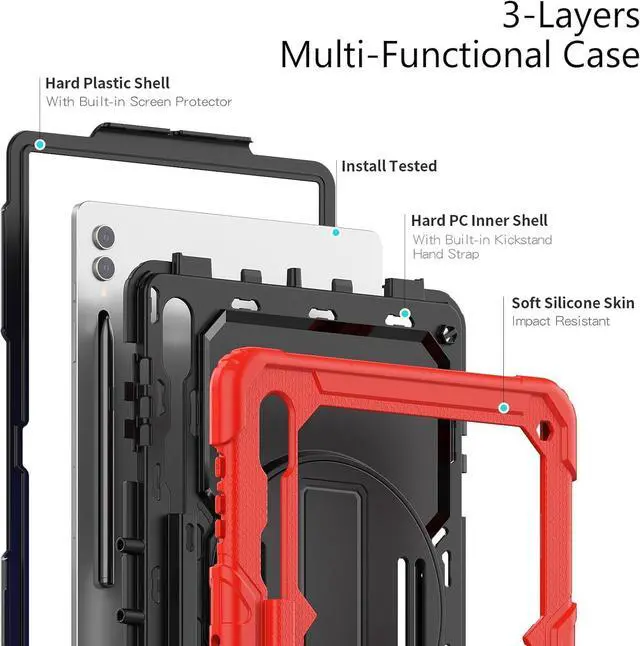Alt view image 3 of 7 - Heavy Duty Shockproof Protective Case with Screen Protector, 360° Rotating Stand, Hand & Shoulder Strap for Samsung Galaxy Tab S10 Ultra 14.6'' / S9 Ultra / S8 Ultra, Red