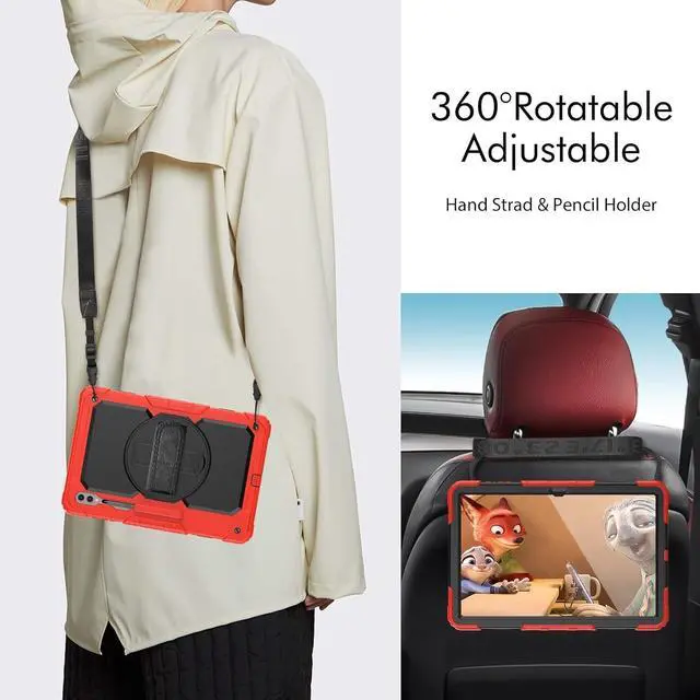 Alt view image 5 of 7 - Heavy Duty Shockproof Protective Case with Screen Protector, 360° Rotating Stand, Hand & Shoulder Strap for Samsung Galaxy Tab S10 Ultra 14.6'' / S9 Ultra / S8 Ultra, Red