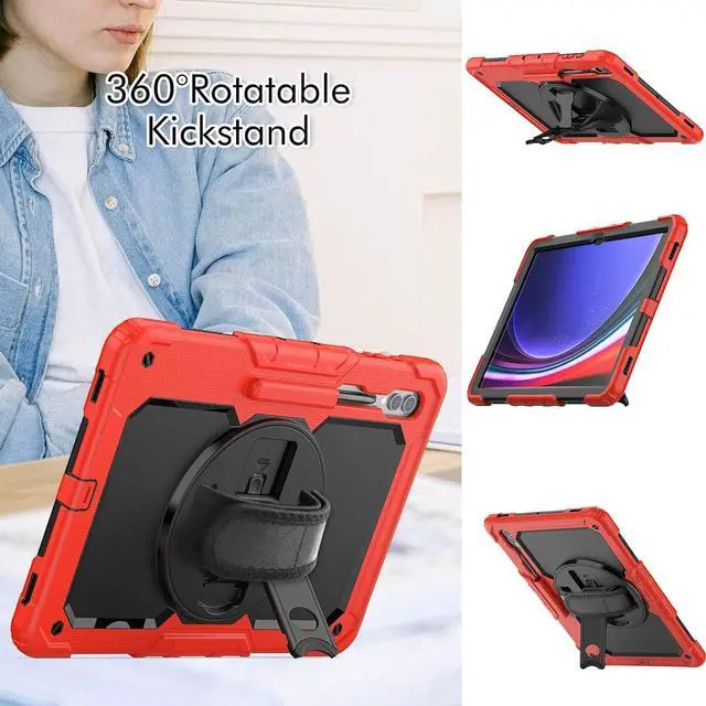 Alt view image 6 of 7 - Heavy Duty Shockproof Protective Case with Screen Protector, 360° Rotating Stand, Hand & Shoulder Strap for Samsung Galaxy Tab S10 Ultra 14.6'' / S9 Ultra / S8 Ultra, Red