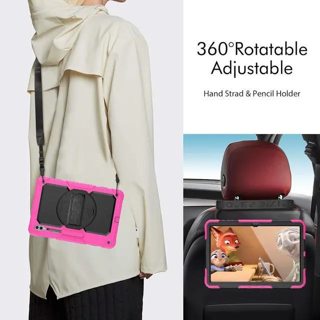 Alt view image 7 of 7 - Heavy Duty Shockproof Protective Case with Screen Protector, 360° Rotating Stand, Hand & Shoulder Strap for Samsung Galaxy Tab S10 Ultra 14.6'' / S9 Ultra / S8 Ultra, Rose