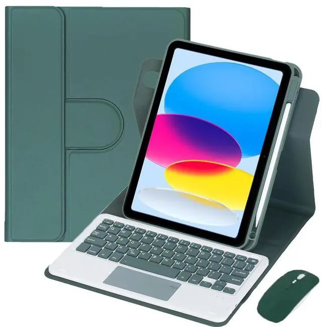 Main image of 10.9 Inch iPad 10 Gen 2022 360 Rotating Keyboard Case with Trackpad, Detachable English Rechargeable Keypad Protective Cover with Stylus Holder(Greem)