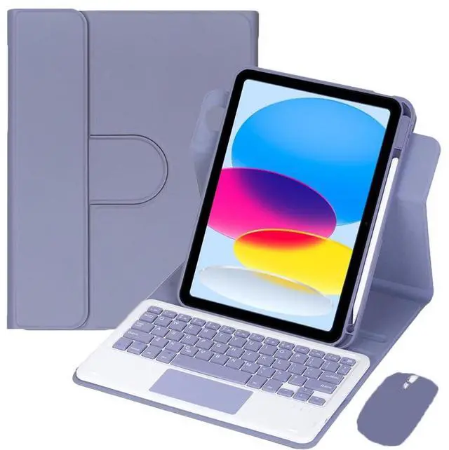 Main image of 10.9 Inch iPad 10 Gen 2022 360 Rotating Keyboard Case with Trackpad, Detachable English Rechargeable Keypad Protective Cover with Stylus Holder (Lavender Gray)