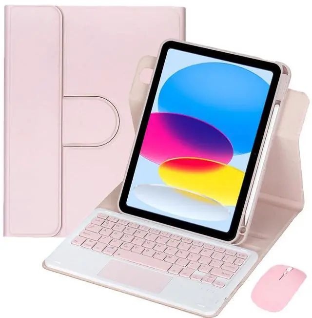 Main image of 10.9 Inch iPad 10 Gen 2022 360 Rotating Keyboard Case with Trackpad, Detachable English Rechargeable Keypad Protective Cover with Stylus Holder (Pink)