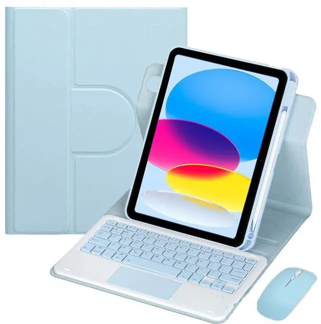 Main image of 10.9 Inch iPad 10 Gen 2022 360 Rotating Keyboard Case with Trackpad, Detachable English Rechargeable Keypad Protective Cover with Stylus Holder (Sky Blue)