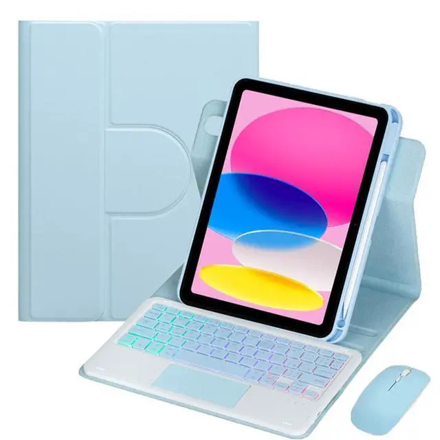 Main image of Rainbow Backlit Trackpad Keyboard Protective Cover, 360 Rotating Detachable Rechargeable Case with Stylus Holder for iPad A16 2025 / iPad 11 Gen (Sky Blue)