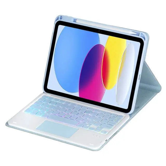 Alt view image 2 of 7 - Rainbow Backlit Trackpad Keyboard Protective Cover, 360 Rotating Detachable Rechargeable Case with Stylus Holder for iPad A16 2025 / iPad 11 Gen (Sky Blue)