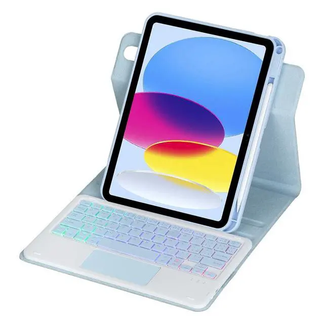 Alt view image 3 of 7 - Rainbow Backlit Trackpad Keyboard Protective Cover, 360 Rotating Detachable Rechargeable Case with Stylus Holder for iPad A16 2025 / iPad 11 Gen (Sky Blue)