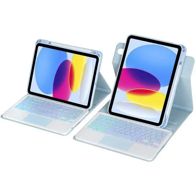 Alt view image 4 of 7 - Rainbow Backlit Trackpad Keyboard Protective Cover, 360 Rotating Detachable Rechargeable Case with Stylus Holder for iPad A16 2025 / iPad 11 Gen (Sky Blue)