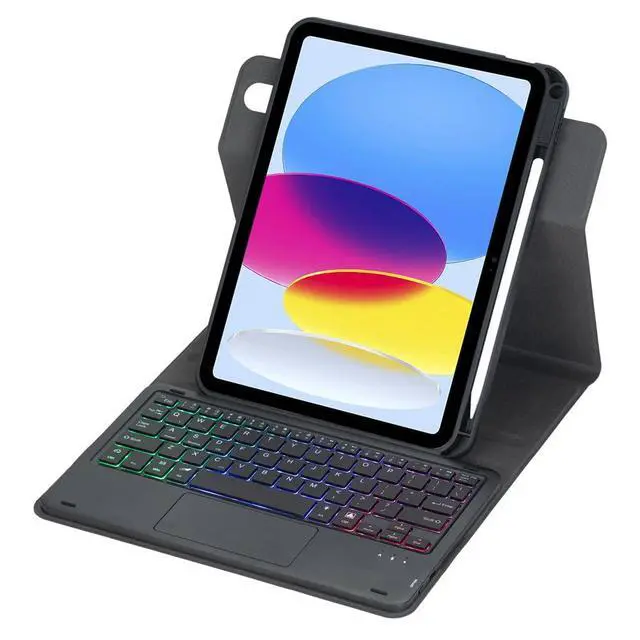 Alt view image 3 of 7 - Rainbow Backlit Trackpad Keyboard Protective Cover, 360 Rotating Detachable Rechargeable Case with Stylus Holder for iPad A16 2025 / iPad 11 Gen (Black)
