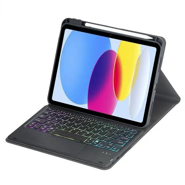 Alt view image 2 of 7 - Rainbow Backlit Trackpad Keyboard Protective Cover, 360 Rotating Detachable Rechargeable Case with Stylus Holder for iPad A16 2025 / iPad 11 Gen (Black)