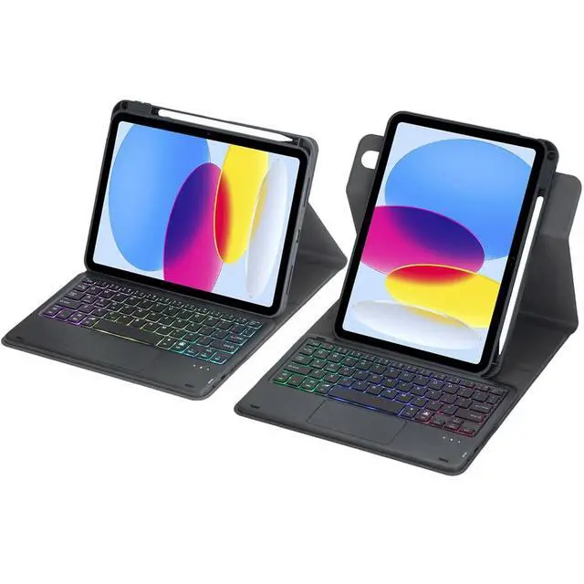Alt view image 4 of 7 - Rainbow Backlit Trackpad Keyboard Protective Cover, 360 Rotating Detachable Rechargeable Case with Stylus Holder for iPad A16 2025 / iPad 11 Gen (Black)