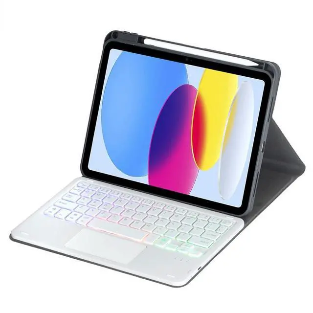 Alt view image 2 of 7 - Rainbow Backlit Trackpad Keyboard Protective Cover, 360 Rotating Detachable Rechargeable Case with Stylus Holder for iPad A16 2025 / iPad 11 Gen (Black White)