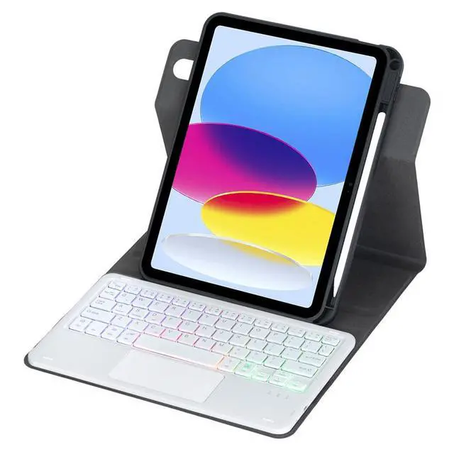 Alt view image 3 of 7 - Rainbow Backlit Trackpad Keyboard Protective Cover, 360 Rotating Detachable Rechargeable Case with Stylus Holder for iPad A16 2025 / iPad 11 Gen (Black White)