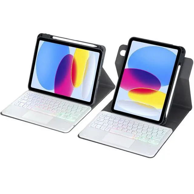 Alt view image 4 of 7 - Rainbow Backlit Trackpad Keyboard Protective Cover, 360 Rotating Detachable Rechargeable Case with Stylus Holder for iPad A16 2025 / iPad 11 Gen (Black White)