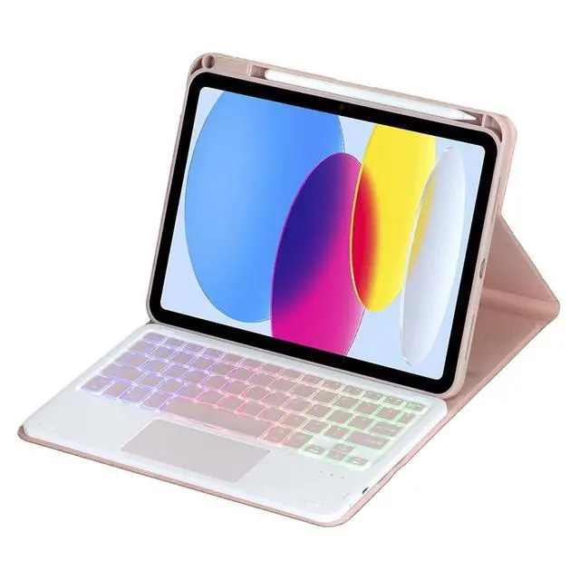 Alt view image 2 of 7 - Rainbow Backlit Trackpad Keyboard Protective Cover, 360 Rotating Detachable Rechargeable Case with Stylus Holder for iPad A16 2025 / iPad 11 Gen (Pink)