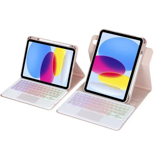 Alt view image 4 of 7 - Rainbow Backlit Trackpad Keyboard Protective Cover, 360 Rotating Detachable Rechargeable Case with Stylus Holder for iPad A16 2025 / iPad 11 Gen (Pink)