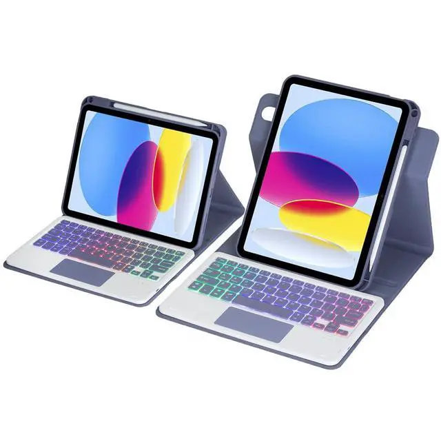 Alt view image 4 of 7 - Rainbow Backlit Trackpad Keyboard Protective Cover, 360 Rotating Detachable Rechargeable Case with Stylus Holder for iPad A16 2025 / iPad 11 Gen (Lavender Gray)
