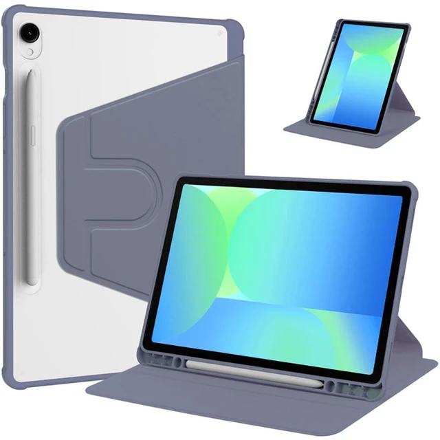 Main image of 360° Rotating Clear Acrylic Case for Samsung Galaxy Tab S10 FE 10.9" 2025 SM-X520/X526B, Hard Shell Cover with Pencil Holder, Horizontal & Vertical Stand(Lavender Gray)