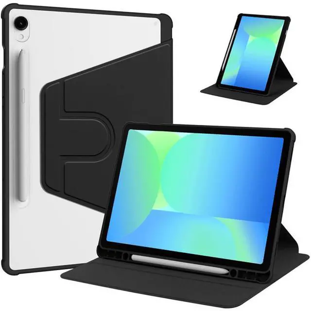 Main image of 360° Rotating Clear Acrylic Case for Samsung Galaxy Tab S10 FE 10.9" 2025 SM-X520/X526B, Hard Shell Cover with Pencil Holder, Horizontal & Vertical Stand (Black)