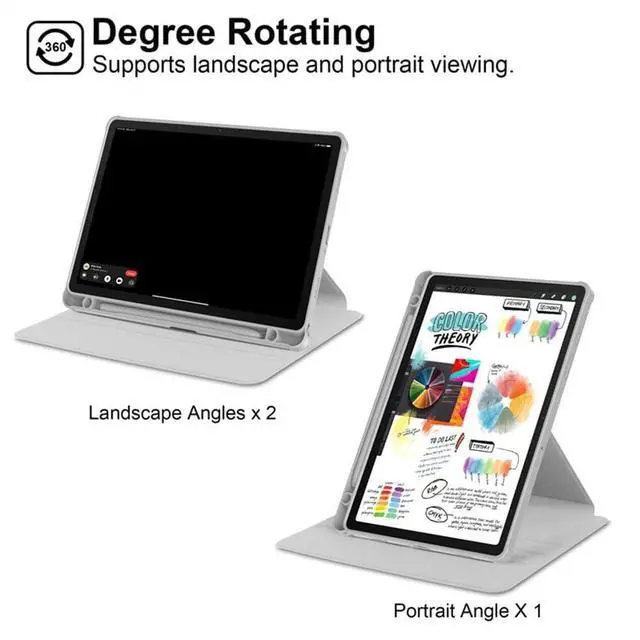 Alt view image 2 of 5 - iPad 11th Gen 2025 (A16,11") 360° Rotating Case, Clear Acrylic Hard Back Cover with Pencil Holder, Portrait/Landscape StandGray