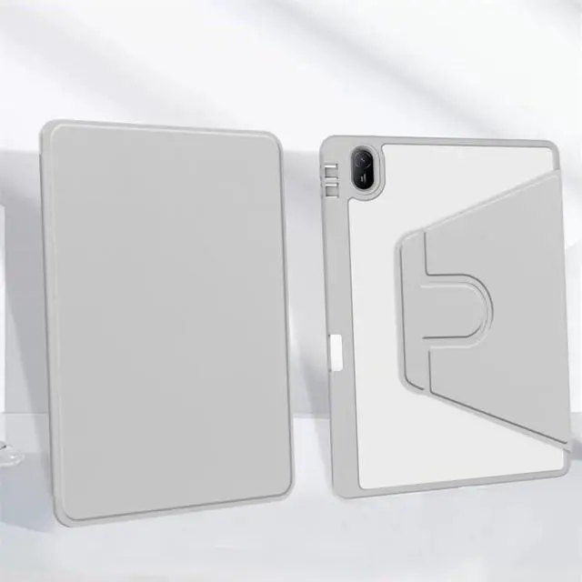 Alt view image 4 of 5 - iPad 11th Gen 2025 (A16,11") 360° Rotating Case, Clear Acrylic Hard Back Cover with Pencil Holder, Portrait/Landscape StandGray