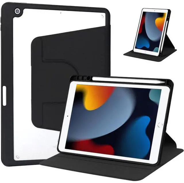 Main image of 360° Rotatable Clear Acrylic iPad Case with Pencil Holder for 10.2" iPad 7th/8th/9th Gen (2019/2020/2021), Horizontal & Vertical Dual Stand (Black)