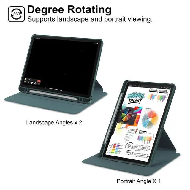 Alt view image 2 of 5 - iPad 11th Gen 2025 (A16,11") 360° Rotating Case, Clear Acrylic Hard Back Cover with Pencil Holder, Portrait/Landscape StandGreen