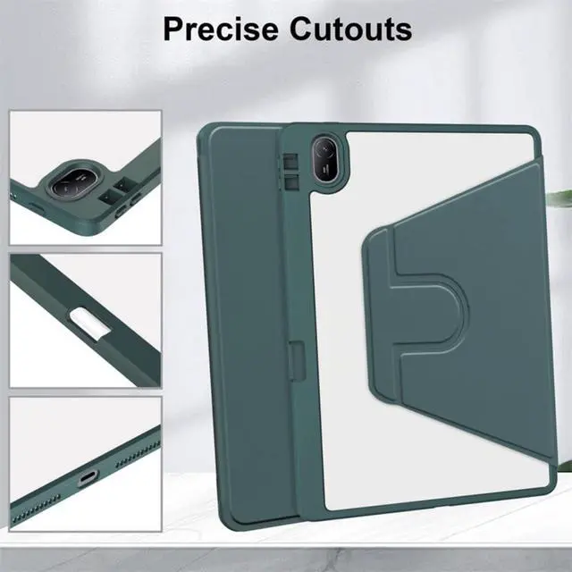 Alt view image 3 of 5 - iPad 11th Gen 2025 (A16,11") 360° Rotating Case, Clear Acrylic Hard Back Cover with Pencil Holder, Portrait/Landscape StandGreen