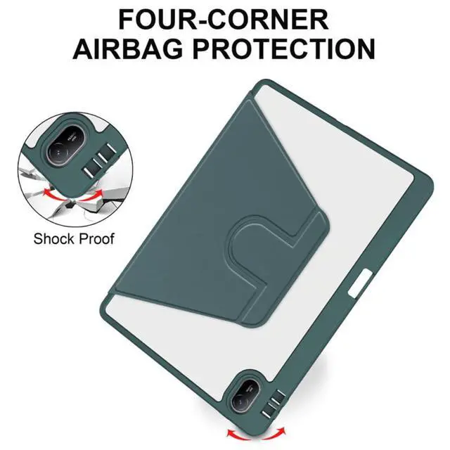 Alt view image 5 of 5 - iPad 11th Gen 2025 (A16,11") 360° Rotating Case, Clear Acrylic Hard Back Cover with Pencil Holder, Portrait/Landscape StandGreen