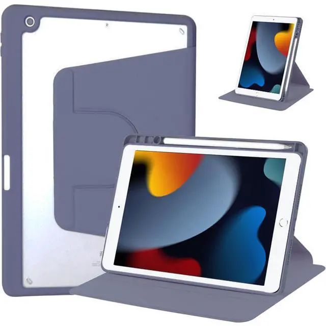 Main image of 360° Rotatable Clear Acrylic iPad Case with Pencil Holder for 10.2" iPad 7th/8th/9th Gen (2019/2020/2021), Horizontal & Vertical Dual Stand (Lavender Gray)