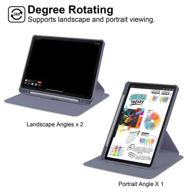 Alt view image 2 of 5 - iPad 11th Gen 2025 (A16,11") 360° Rotating Case, Clear Acrylic Hard Back Cover with Pencil Holder, Portrait/Landscape Stand,Lavender Gray