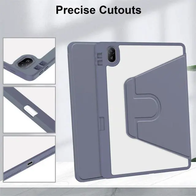 Alt view image 3 of 5 - iPad 11th Gen 2025 (A16,11") 360° Rotating Case, Clear Acrylic Hard Back Cover with Pencil Holder, Portrait/Landscape Stand,Lavender Gray