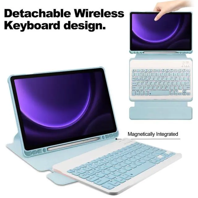 Alt view image 5 of 7 - 360° Rotatable Clear Acrylic Detachable Keyboard Case for Samsung Galaxy Tab A9+ 11" SM-X210/X216/X218, Horizontal & Vertical Stand with Pencil Holder (Sky Blue)