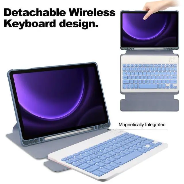 Alt view image 5 of 7 - 360° Rotatable Clear Acrylic Detachable Keyboard Case for Samsung Galaxy Tab A9+ 11" SM-X210/X216/X218, Horizontal & Vertical Stand with Pencil Holder (Lavender Gray)