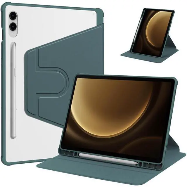 Main image of 360 Rotating Clear Case for Samsung Tab S10 Plus / S9 FE Plus / S9 Plus 12.4", Hard Acrylic Back, Pencil Holder, Horizontal Vertical StandGreen
