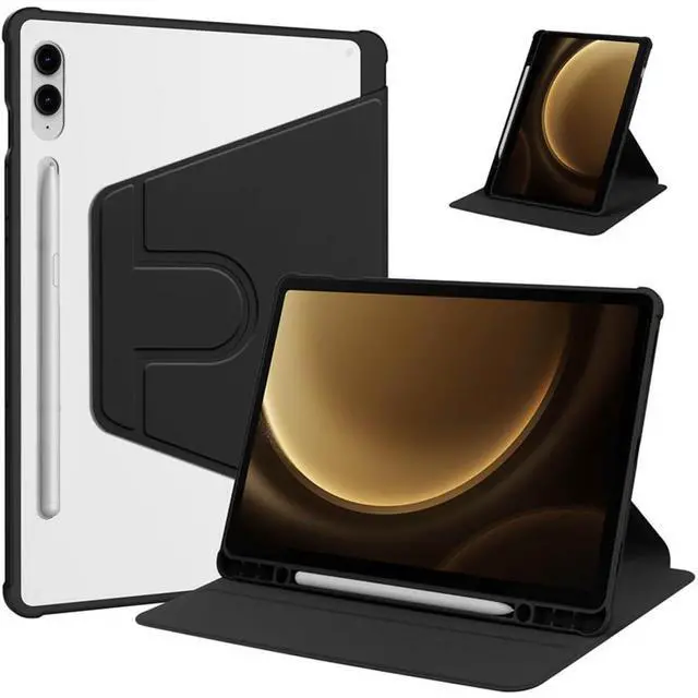 Main image of 360 Rotating Clear Case for Samsung Tab S10 Plus / S9 FE Plus / S9 Plus 12.4", Hard Acrylic Back, Pencil Holder, Horizontal Vertical Stand,Black