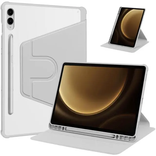 Main image of 360 Rotating Clear Case for Samsung Tab S10 Plus / S9 FE Plus / S9 Plus 12.4", Hard Acrylic Back, Pencil Holder, Horizontal Vertical Stand,Gray