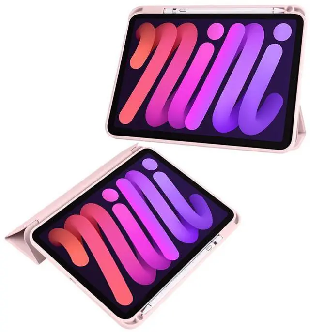 Alt view image 3 of 6 - Acrylic Tablet Case for iPad mini A17 Pro / iPad Mini 6 8.3 Inch, Clear Hard Back Cover with Pencil Holder, Trifold Magnetic Horizontal Stand, Auto Sleep/Wake,Pink