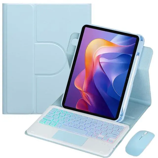 Alt view image 3 of 7 - Detachable Rechargeable Rainbow Backlit Trackpad Keyboard Case with Pencil Slot & 360° Rotatable Horizontal/Vertical Stand for 11 Inch 2025 Xiaomi Redmi Pad 2, Sky Blue