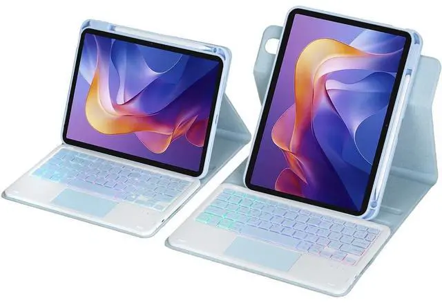 Alt view image 6 of 7 - Detachable Rechargeable Rainbow Backlit Trackpad Keyboard Case with Pencil Slot & 360° Rotatable Horizontal/Vertical Stand for 11 Inch 2025 Xiaomi Redmi Pad 2, Sky Blue