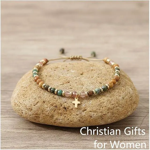 Alt view image 4 of 7 - Christian Cross Bracelet for Women & Healing Worry Stone, Adjustable Bible Verse Bracelets,Neligious Faith Prayer Jewelry Inspirational Spiritual Gift,Mothers Day Gifts