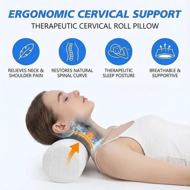 Alt view image 2 of 7 - Cervical Memory Foam Neck Roll Pillow Neck Support Pillows for Sleeping 4.7in H Small Round Circle Pillow Cylinder Pillows for Neck Back Lumbar Leg Yoga Pain Relief (White, Medium - 3.9" H)