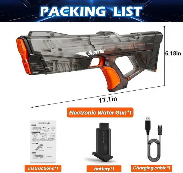 Alt view image 3 of 7 - Electric Water Gun for Adults Kids, Automatic Water Absorption Squirt Gun with Colorful LED,High-Capacity,Long Range,Summer Outdoor Pool Beach Water Pistol Blaster Toys(Black)