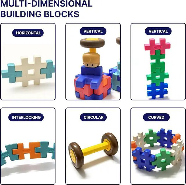 Alt view image 2 of 7 - STEAM Waffle Building Blocks for Toddlers 2-8, Heavy Duty Plastic Interlocking Construction Toy with Storage Case, Reinforced Wall Educational Learning Blocks Gift Set (Rainbow, Standard)