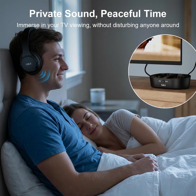 Alt view image 5 of 7 - 1Mii ClearLinkTV H3 Wireless Headphones for TV Watching for Seniors | Transmitter Charging Base, Plug and Play, 2.4G Low Latency, 75H Play Time, Works with TV Optical, AUX, RCA Audio Out Jack