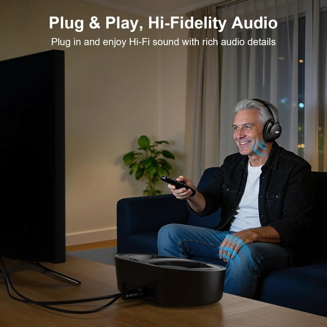 Alt view image 2 of 7 - 1Mii ClearLinkTV H3 Wireless Headphones for TV Watching for Seniors | Transmitter Charging Base, Plug and Play, 2.4G Low Latency, 75H Play Time, Works with TV Optical, AUX, RCA Audio Out Jack